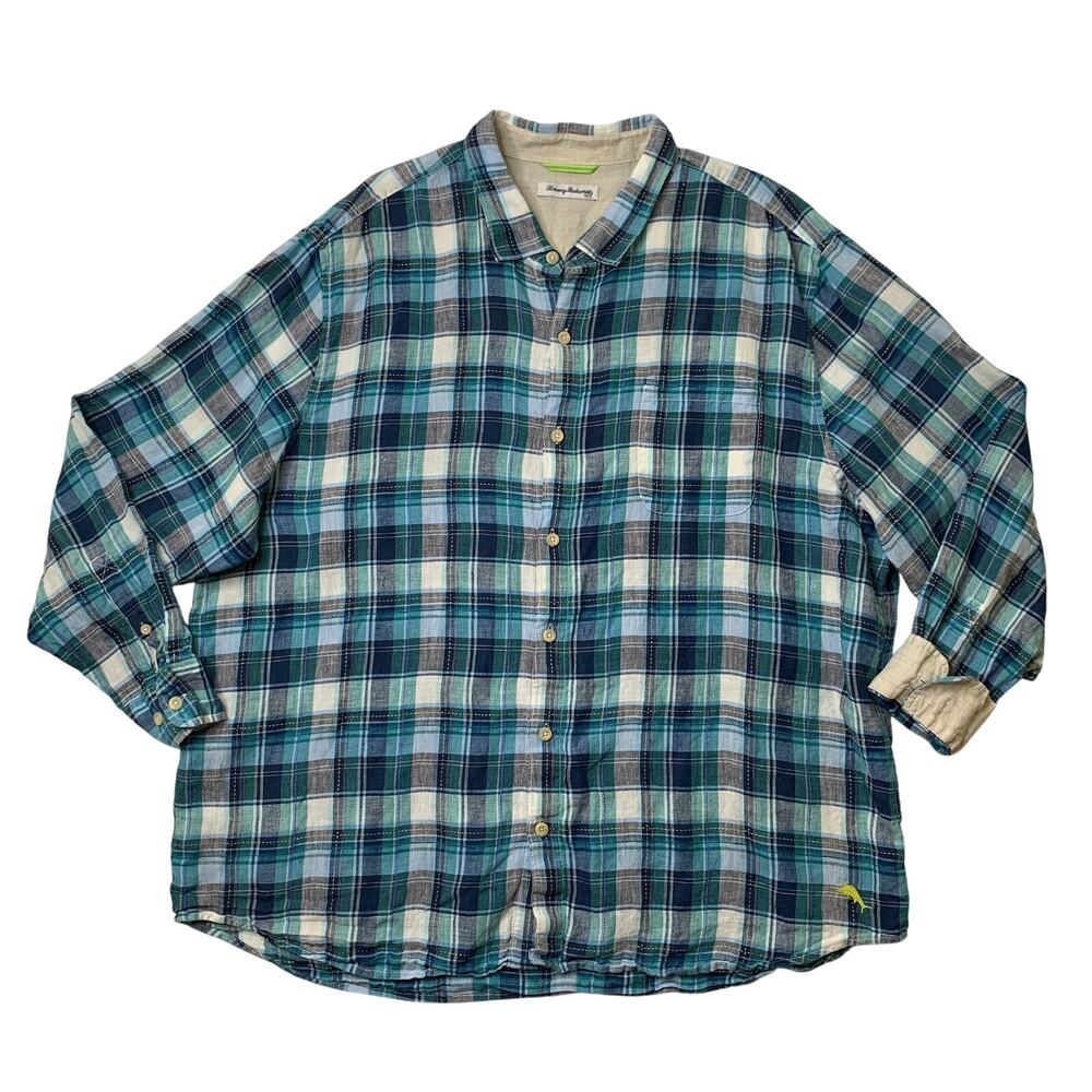 Tommy Bahama Shirt Mens 3XL White Bluegrass Plaid Linen Flip Cuff Long Sleeve